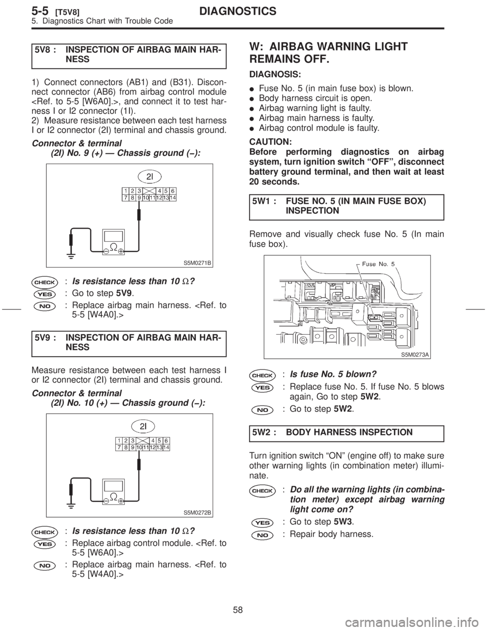 SUBARU FORESTER 1999  Service Workshop Manual 5V8 : INSPECTION OF AIRBAG MAIN HAR-
NESS
1) Connect connectors (AB1) and (B31). Discon-
nect connector (AB6) from airbag control module
<Ref. to 5-5 [W6A0].>, and connect it to test har-
ness I or I2