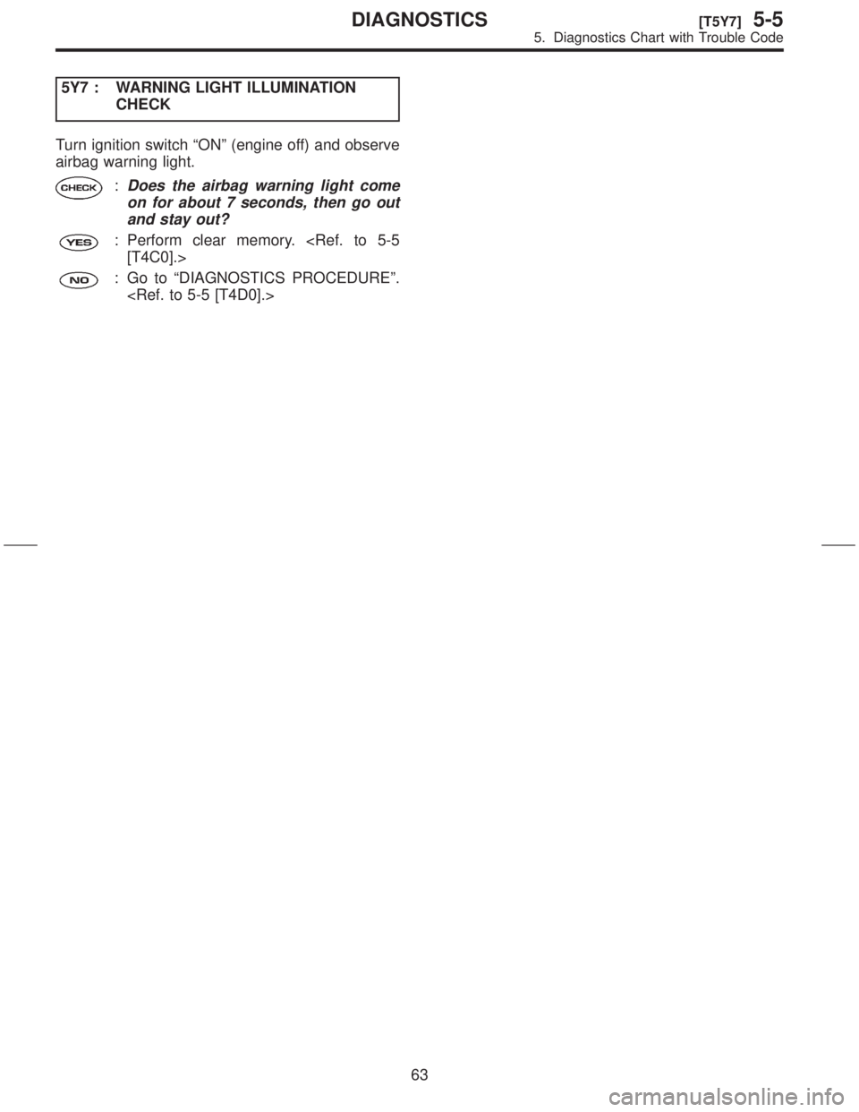 SUBARU FORESTER 1999  Service Manual PDF 5Y7 : WARNING LIGHT ILLUMINATION
CHECK
Turn ignition switch ªONº (engine off) and observe
airbag warning light.
:Does the airbag warning light come
on for about 7 seconds, then go out
and stay out?
