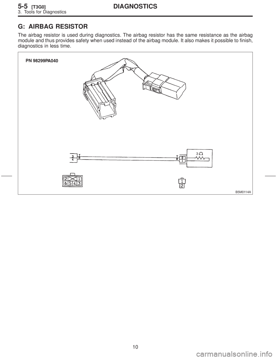 SUBARU FORESTER 1999  Service Repair Manual G: AIRBAG RESISTOR
The airbag resistor is used during diagnostics. The airbag resistor has the same resistance as the airbag
module and thus provides safety when used instead of the airbag module. It 