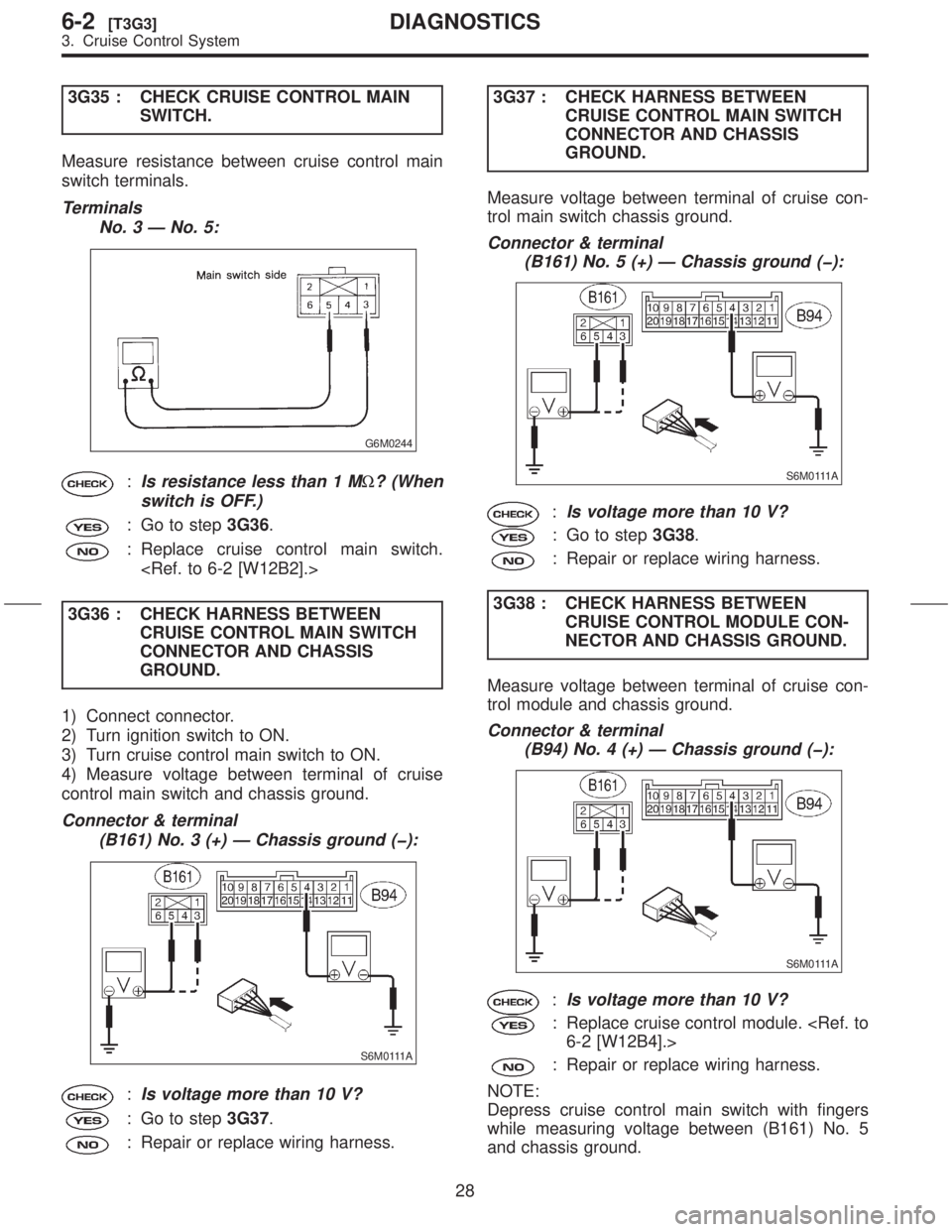 SUBARU FORESTER 1999  Service Manual Online 3G35 : CHECK CRUISE CONTROL MAIN
SWITCH.
Measure resistance between cruise control main
switch terminals.
Terminals
No. 3 Ð No. 5:
G6M0244
:Is resistance less than 1 MW? (When
switch is OFF.)
: Go to