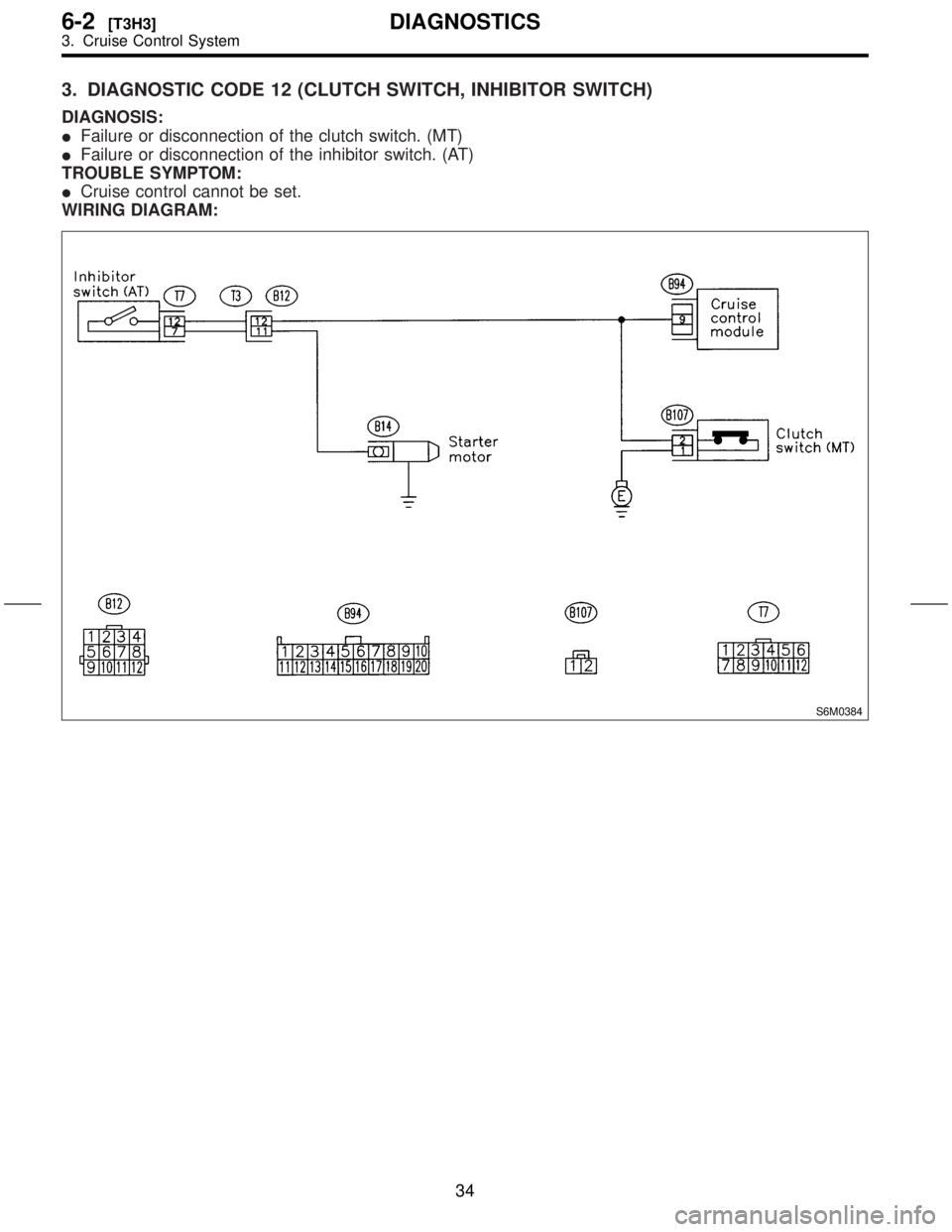 SUBARU FORESTER 1999  Service Repair Manual 3. DIAGNOSTIC CODE 12 (CLUTCH SWITCH, INHIBITOR SWITCH)
DIAGNOSIS:
IFailure or disconnection of the clutch switch. (MT)
IFailure or disconnection of the inhibitor switch. (AT)
TROUBLE SYMPTOM:
ICruise