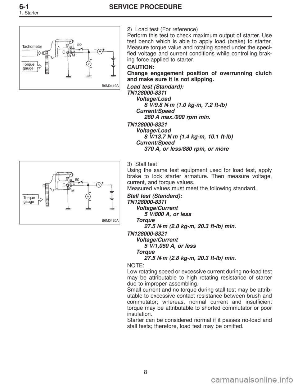 SUBARU LEGACY 1995  Service Repair Manual B6M0419A
2) Load test (For reference)
Perform this test to check maximum output of starter. Use
test bench which is able to apply load (brake) to starter.
Measure torque value and rotating speed under