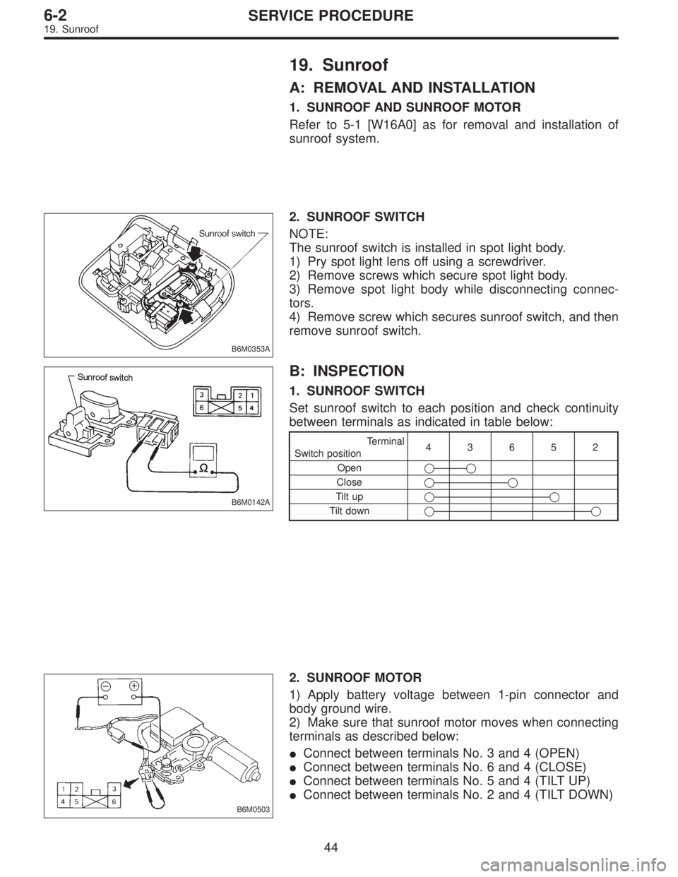 SUBARU LEGACY 1995  Service Repair Manual 19. Sunroof
A: REMOVAL AND INSTALLATION
1. SUNROOF AND SUNROOF MOTOR
Refer to 5-1 [W16A0] as for removal and installation of
sunroof system.
B6M0353A
2. SUNROOF SWITCH
NOTE:
The sunroof switch is inst