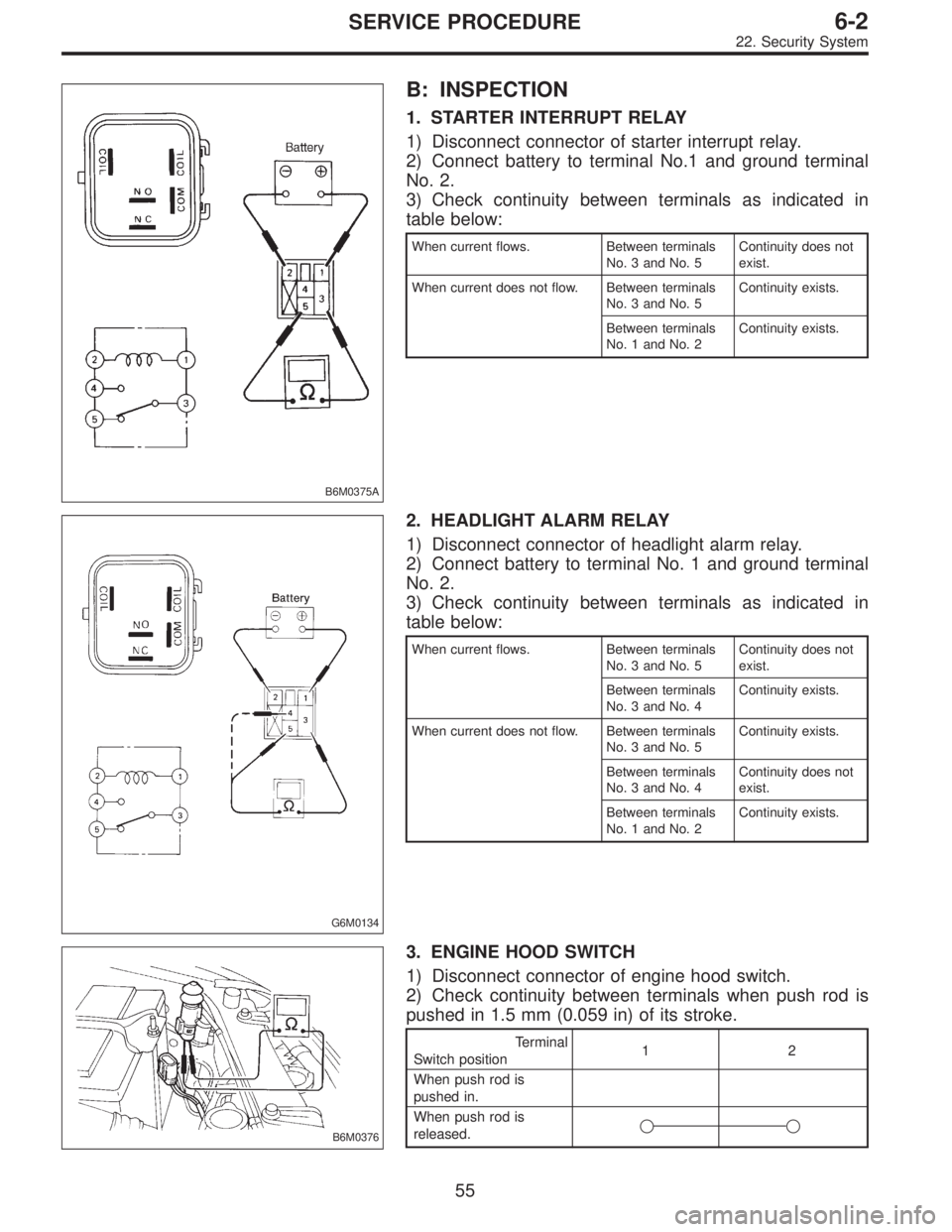 SUBARU LEGACY 1995  Service Repair Manual B6M0375A
B: INSPECTION
1. STARTER INTERRUPT RELAY
1) Disconnect connector of starter interrupt relay.
2) Connect battery to terminal No.1 and ground terminal
No. 2.
3) Check continuity between termina