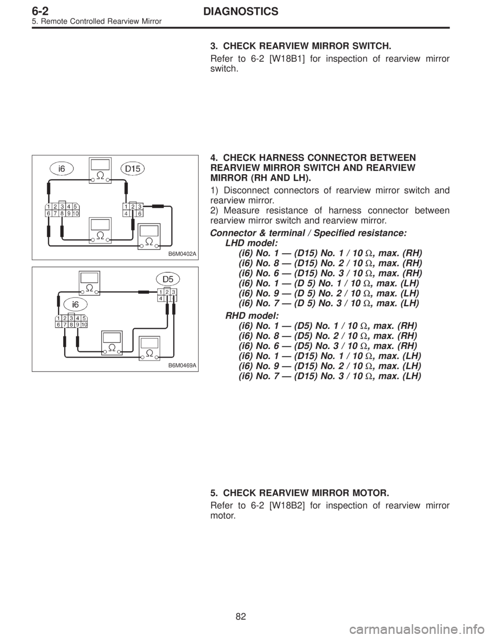 SUBARU LEGACY 1995  Service Repair Manual 3. CHECK REARVIEW MIRROR SWITCH.
Refer to 6-2 [W18B1] for inspection of rearview mirror
switch.
B6M0402A
B6M0469A
4. CHECK HARNESS CONNECTOR BETWEEN
REARVIEW MIRROR SWITCH AND REARVIEW
MIRROR (RH AND 