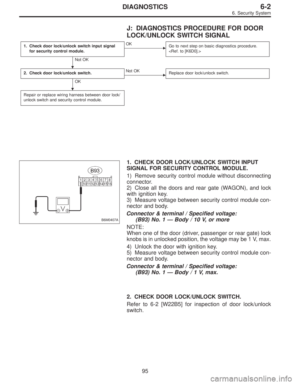 SUBARU LEGACY 1995  Service Repair Manual J: DIAGNOSTICS PROCEDURE FOR DOOR
LOCK/UNLOCK SWITCH SIGNAL
1. Check door lock/unlock switch input signal
for security control module.
Not OK
OK
Go to next step on basic diagnostics procedure.
<Ref. 