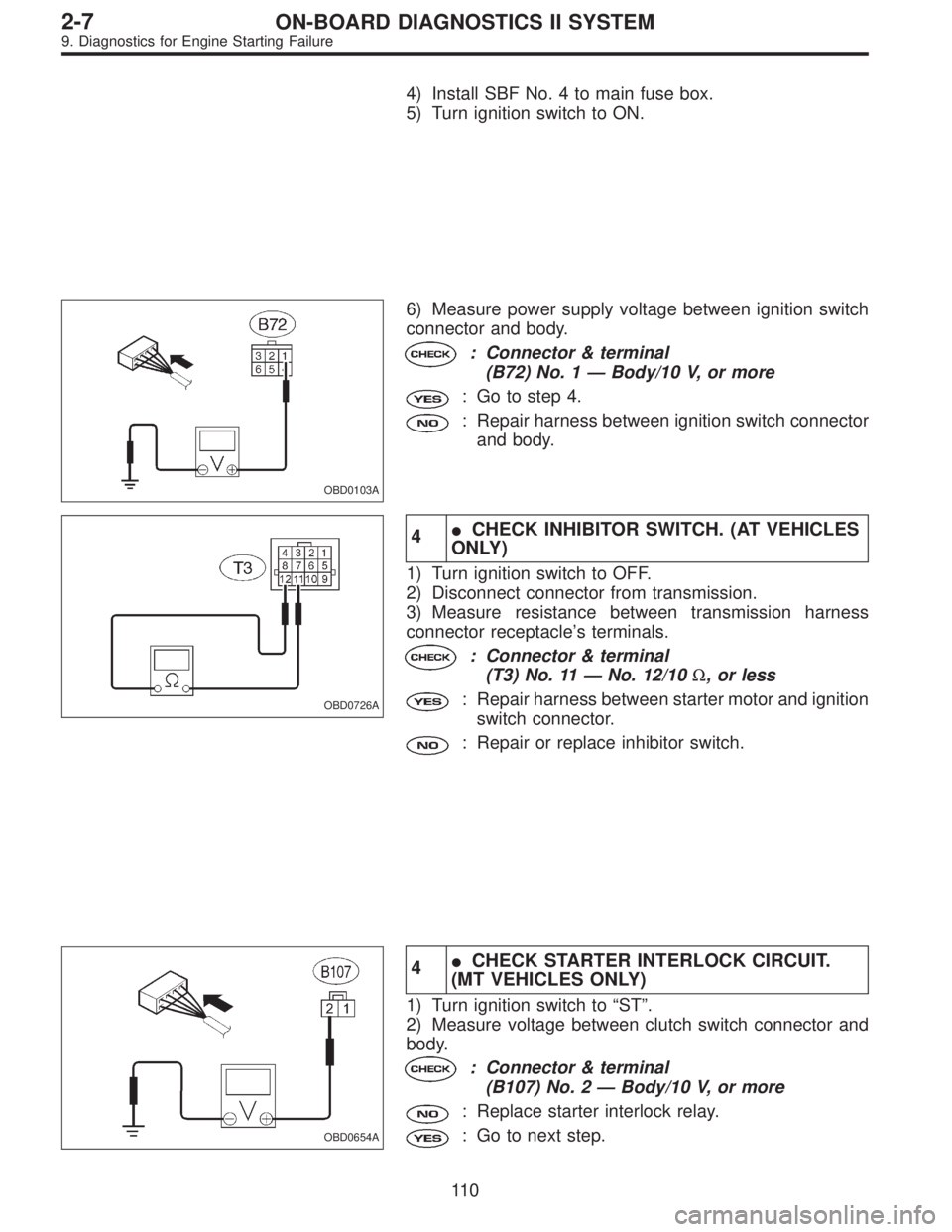 SUBARU LEGACY 1995  Service Repair Manual 4) Install SBF No. 4 to main fuse box.
5) Turn ignition switch to ON.
OBD0103A
6) Measure power supply voltage between ignition switch
connector and body.
: Connector & terminal
(B72) No. 1—Body/10 