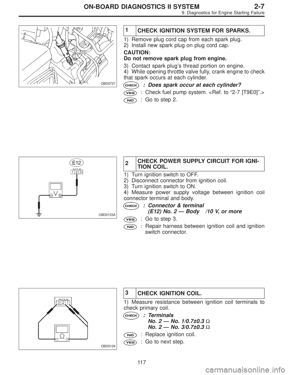 SUBARU LEGACY 1995  Service Repair Manual OBD0727
1
CHECK IGNITION SYSTEM FOR SPARKS.
1) Remove plug cord cap from each spark plug.
2) Install new spark plug on plug cord cap.
CAUTION:
Do not remove spark plug from engine.
3) Contact spark pl