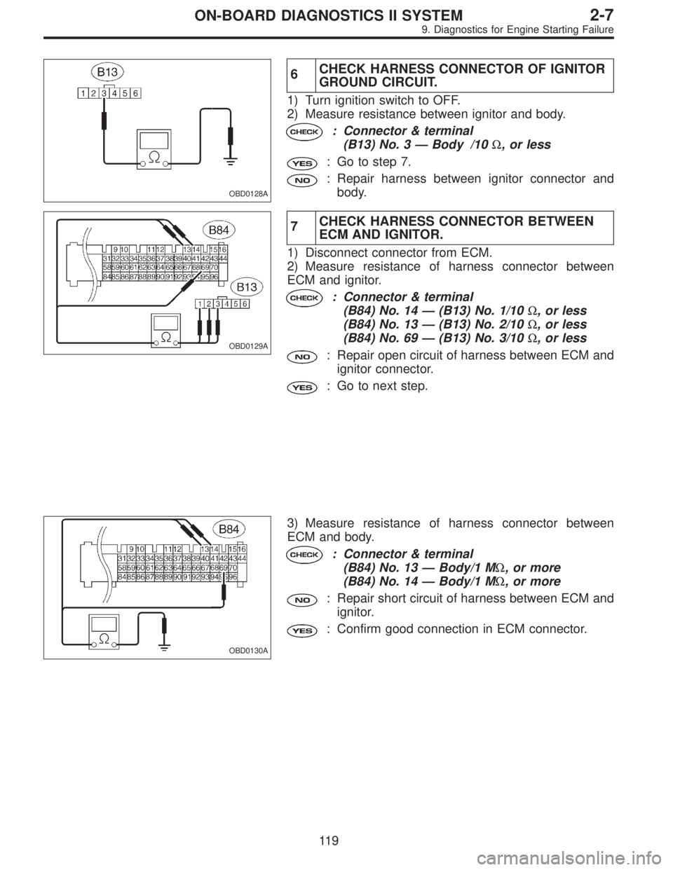 SUBARU LEGACY 1995  Service Repair Manual OBD0128A
6CHECK HARNESS CONNECTOR OF IGNITOR
GROUND CIRCUIT.
1) Turn ignition switch to OFF.
2) Measure resistance between ignitor and body.
: Connector & terminal
(B13) No. 3—Body /10Ω, or less
: