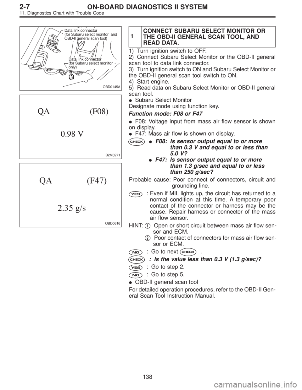 SUBARU LEGACY 1995  Service Repair Manual OBD0145A
B2M0271
OBD0616
1CONNECT SUBARU SELECT MONITOR OR
THE OBD-II GENERAL SCAN TOOL, AND
READ DATA.
1) Turn ignition switch to OFF.
2) Connect Subaru Select Monitor or the OBD-II general
scan tool