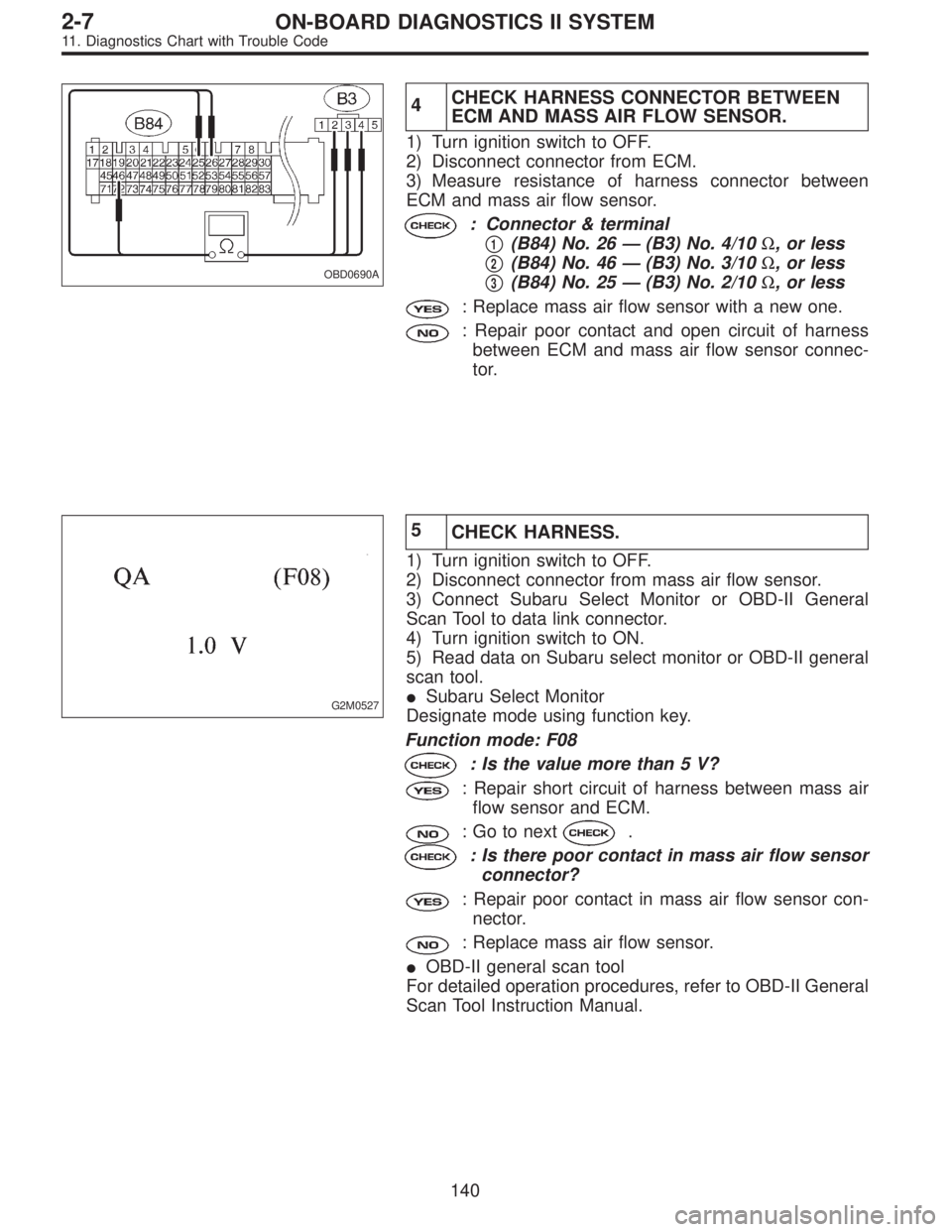 SUBARU LEGACY 1995  Service Repair Manual OBD0690A
4CHECK HARNESS CONNECTOR BETWEEN
ECM AND MASS AIR FLOW SENSOR.
1) Turn ignition switch to OFF.
2) Disconnect connector from ECM.
3) Measure resistance of harness connector between
ECM and mas