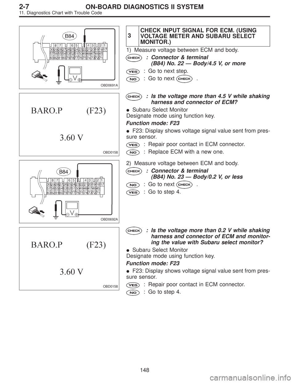SUBARU LEGACY 1995  Service Repair Manual OBD0691A
3CHECK INPUT SIGNAL FOR ECM. (USING
VOLTAGE METER AND SUBARU SELECT
MONITOR.)
1) Measure voltage between ECM and body.
: Connector & terminal
(B84) No. 22—Body/4.5 V, or more
: Go to next s