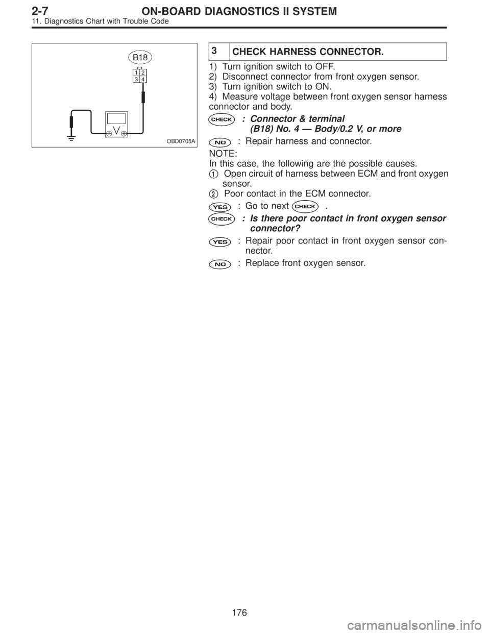 SUBARU LEGACY 1995  Service Repair Manual OBD0705A
3
CHECK HARNESS CONNECTOR.
1) Turn ignition switch to OFF.
2) Disconnect connector from front oxygen sensor.
3) Turn ignition switch to ON.
4) Measure voltage between front oxygen sensor harn