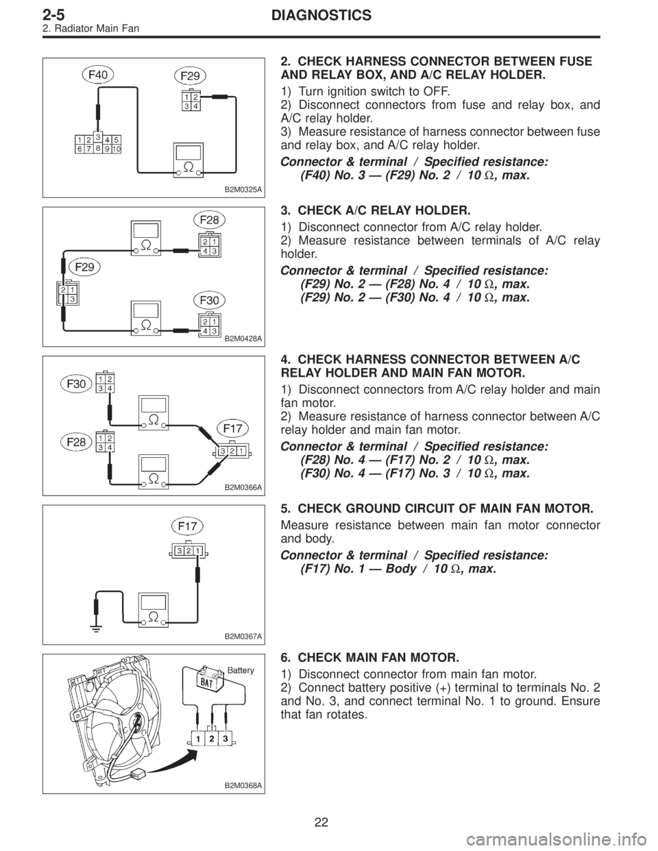 SUBARU LEGACY 1995  Service Repair Manual B2M0325A
2. CHECK HARNESS CONNECTOR BETWEEN FUSE
AND RELAY BOX, AND A/C RELAY HOLDER.
1) Turn ignition switch to OFF.
2) Disconnect connectors from fuse and relay box, and
A/C relay holder.
3) Measure