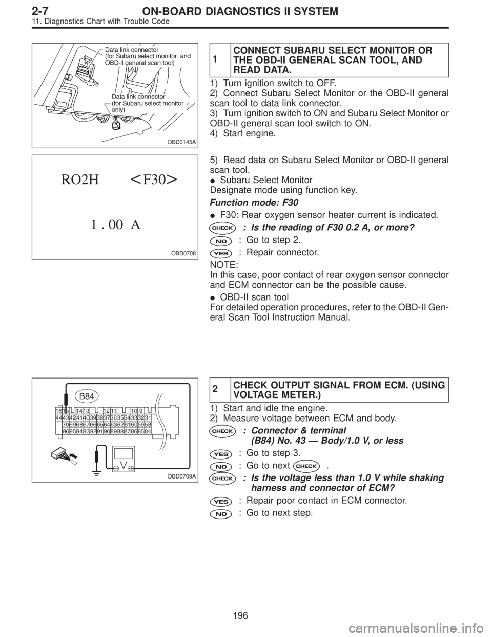 SUBARU LEGACY 1995  Service Repair Manual OBD0145A
1CONNECT SUBARU SELECT MONITOR OR
THE OBD-II GENERAL SCAN TOOL, AND
READ DATA.
1) Turn ignition switch to OFF.
2) Connect Subaru Select Monitor or the OBD-II general
scan tool to data link co