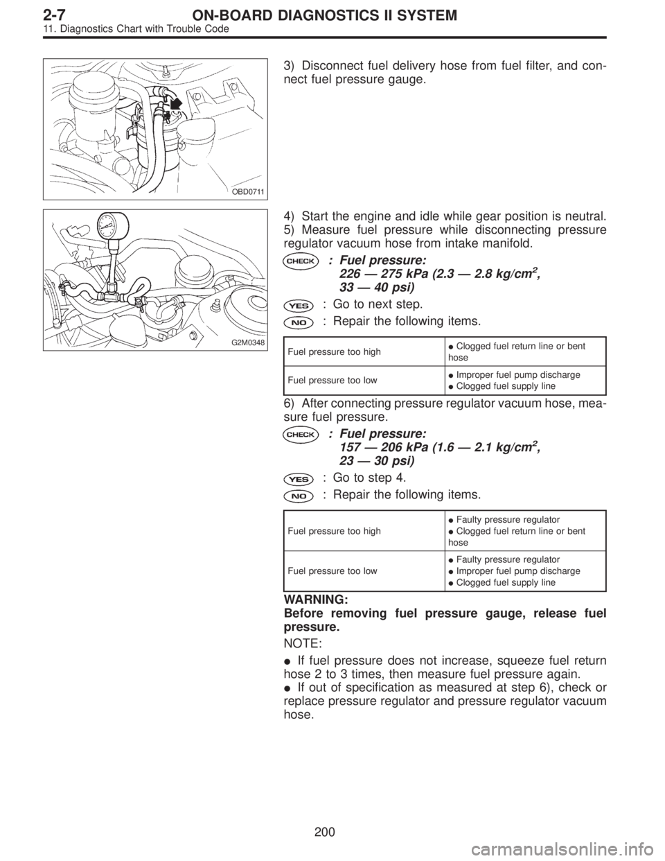 SUBARU LEGACY 1995  Service Repair Manual OBD0711
3) Disconnect fuel delivery hose from fuel filter, and con-
nect fuel pressure gauge.
G2M0348
4) Start the engine and idle while gear position is neutral.
5) Measure fuel pressure while discon