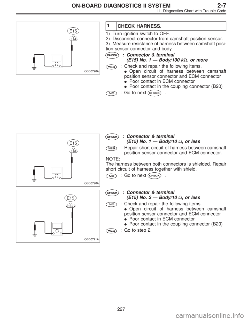SUBARU LEGACY 1995  Service Repair Manual OBD0720A
1
CHECK HARNESS.
1) Turn ignition switch to OFF.
2) Disconnect connector from camshaft position sensor.
3) Measure resistance of harness between camshaft posi-
tion sensor connector and body.