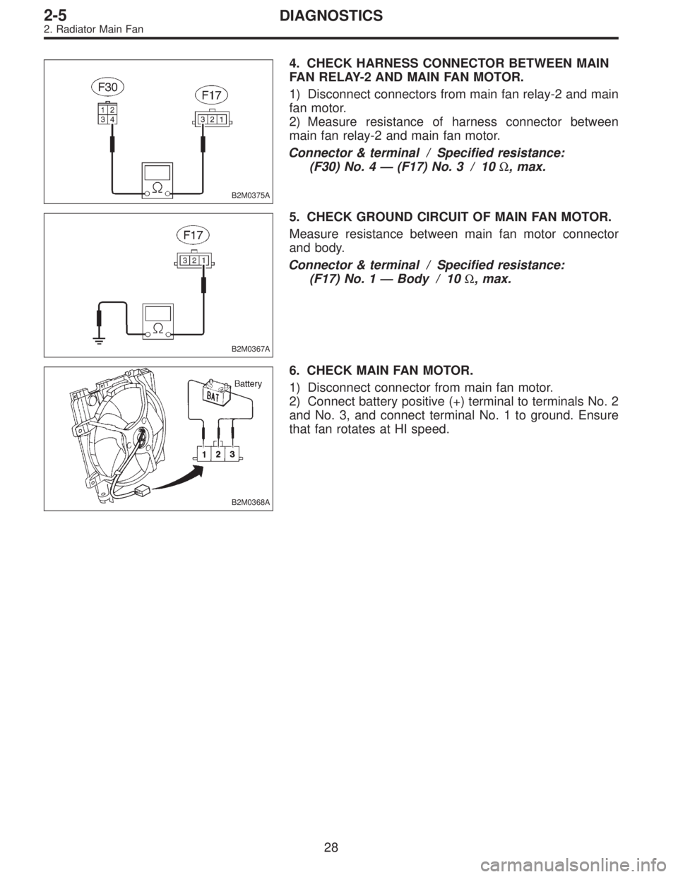 SUBARU LEGACY 1995  Service Repair Manual B2M0375A
4. CHECK HARNESS CONNECTOR BETWEEN MAIN
FAN RELAY-2 AND MAIN FAN MOTOR.
1) Disconnect connectors from main fan relay-2 and main
fan motor.
2) Measure resistance of harness connector between
m