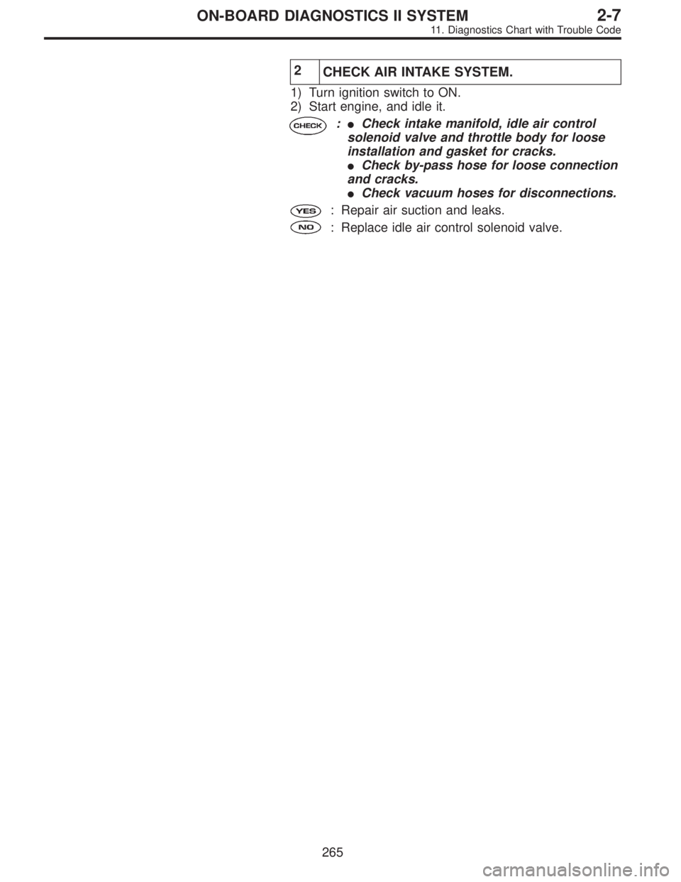 SUBARU LEGACY 1995  Service Repair Manual 2
CHECK AIR INTAKE SYSTEM.
1) Turn ignition switch to ON.
2) Start engine, and idle it.
:Check intake manifold, idle air control
solenoid valve and throttle body for loose
installation and gasket for