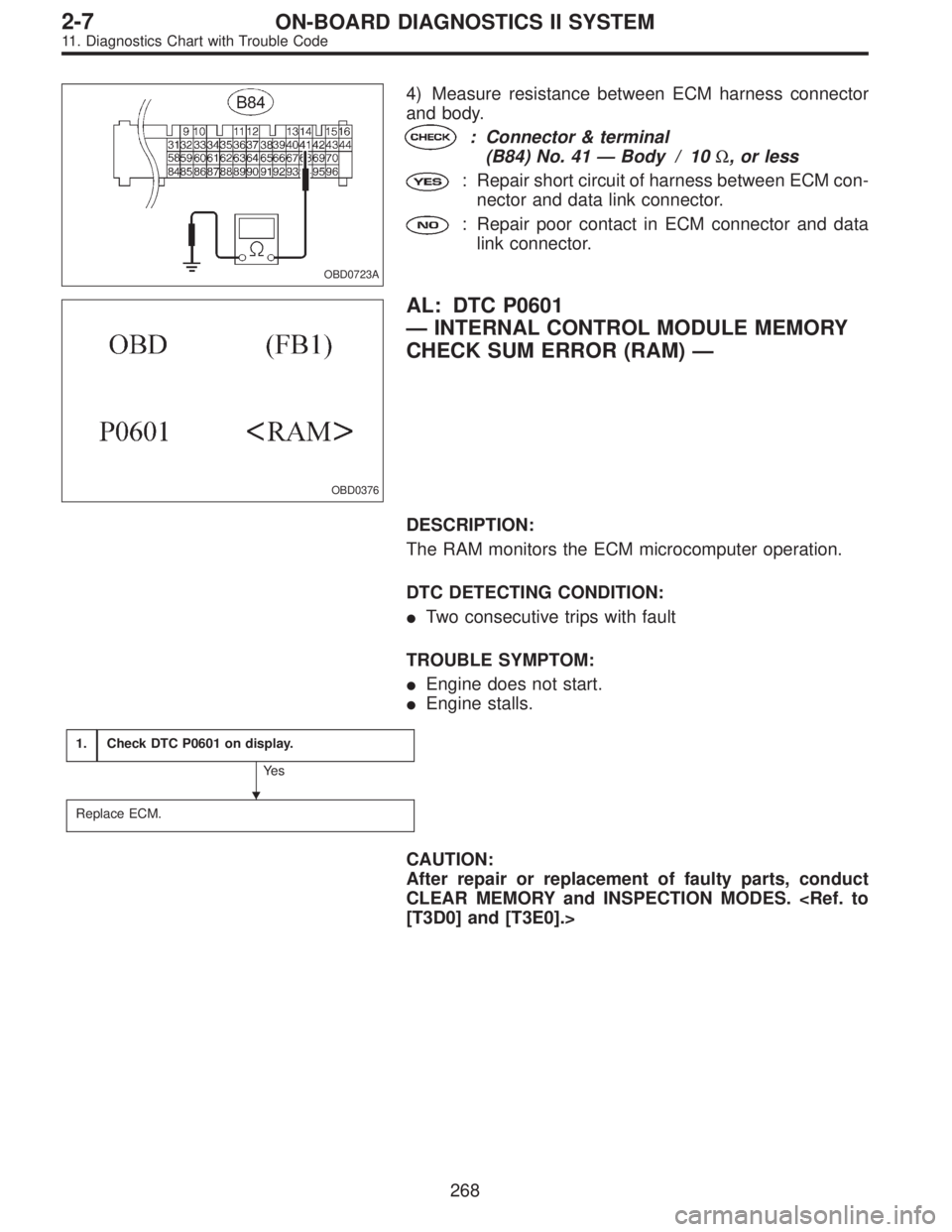 SUBARU LEGACY 1995 Service Repair Manual OBD0723A
4) Measure resistance between ECM harness connector
and body.
: Connector & terminal
(B84) No. 41—Body / 10Ω, or less
: Repair short circuit of harness between ECM con-
nector and data li SUBARU LEGACY 1995 Service Repair Manual OBD0723A
4) Measure resistance between ECM harness connector
and body.
: Connector & terminal
(B84) No. 41—Body / 10Ω, or less
: Repair short circuit of harness between ECM con-
nector and data li