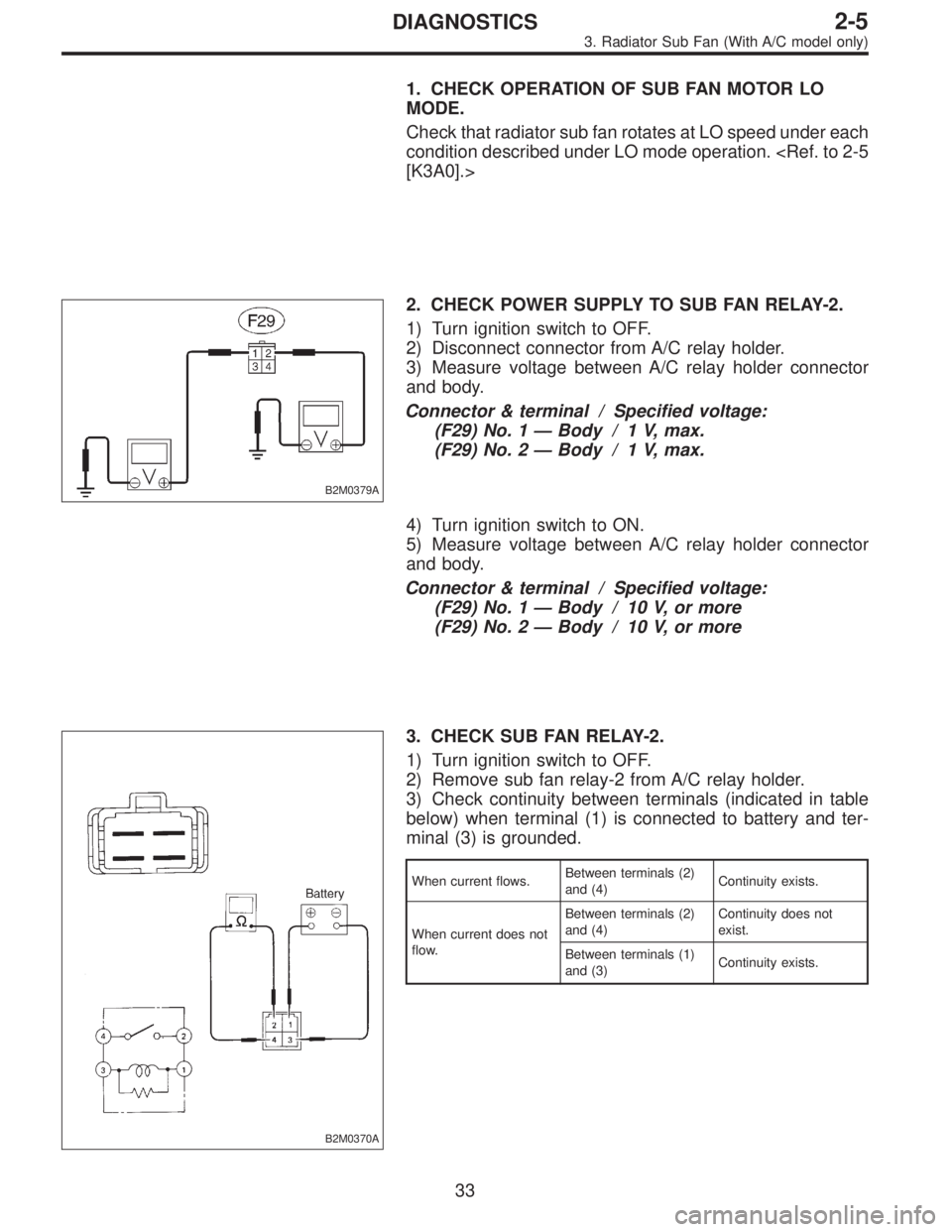 SUBARU LEGACY 1995  Service Repair Manual 1. CHECK OPERATION OF SUB FAN MOTOR LO
MODE.
Check that radiator sub fan rotates at LO speed under each
condition described under LO mode operation. <Ref. to 2-5
[K3A0].>
B2M0379A
2. CHECK POWER SUPPL