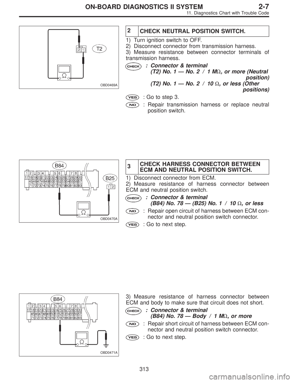 SUBARU LEGACY 1995  Service Repair Manual OBD0469A
2
CHECK NEUTRAL POSITION SWITCH.
1) Turn ignition switch to OFF.
2) Disconnect connector from transmission harness.
3) Measure resistance between connector terminals of
transmission harness.
