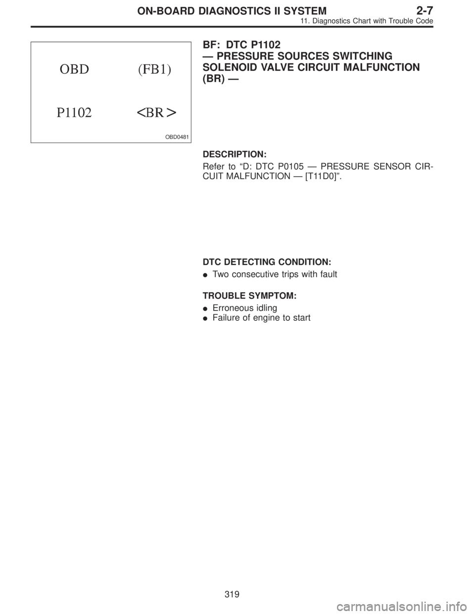 SUBARU LEGACY 1995  Service Repair Manual OBD0481
BF: DTC P1102
—PRESSURE SOURCES SWITCHING
SOLENOID VALVE CIRCUIT MALFUNCTION
(BR)—
DESCRIPTION:
Refer to“D: DTC P0105—PRESSURE SENSOR CIR-
CUIT MALFUNCTION—[T11D0]”.
DTC DETECTING 