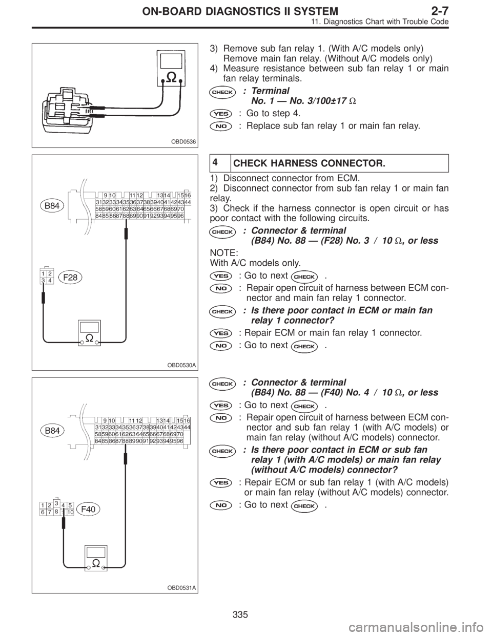 SUBARU LEGACY 1995  Service Repair Manual OBD0536
3) Remove sub fan relay 1. (With A/C models only)
Remove main fan relay. (Without A/C models only)
4) Measure resistance between sub fan relay 1 or main
fan relay terminals.
: Terminal
No. 1