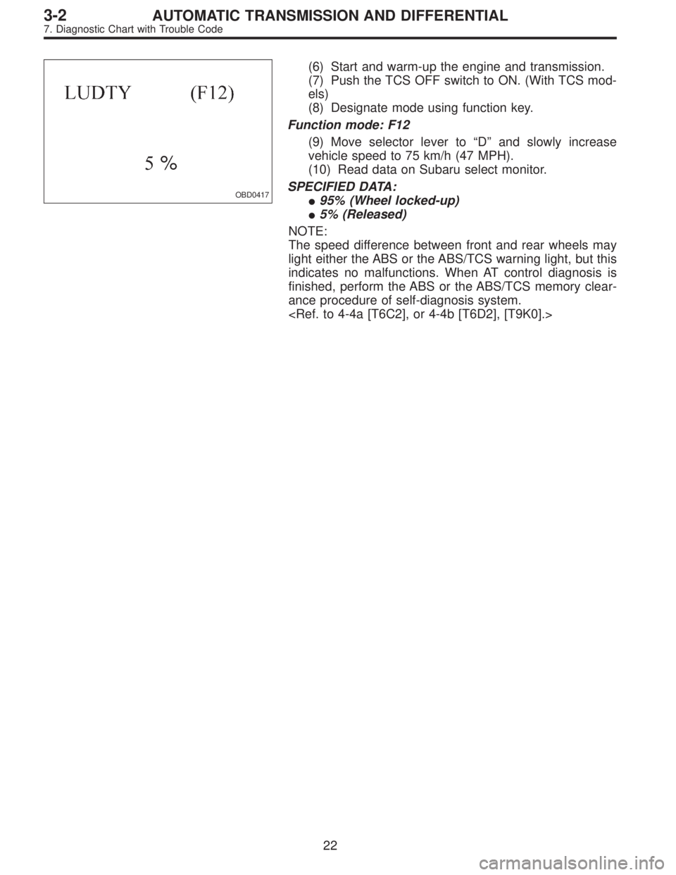 SUBARU LEGACY 1995 Service Repair Manual OBD0417
(6) Start and warm-up the engine and transmission.
(7) Push the TCS OFF switch to ON. (With TCS mod-
els)
(8) Designate mode using function key.
Function mode: F12
(9) Move selector lever to SUBARU LEGACY 1995 Service Repair Manual OBD0417
(6) Start and warm-up the engine and transmission.
(7) Push the TCS OFF switch to ON. (With TCS mod-
els)
(8) Designate mode using function key.
Function mode: F12
(9) Move selector lever to