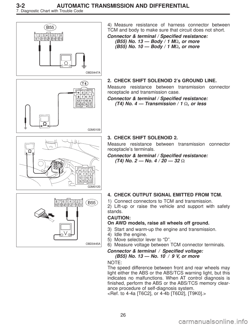 SUBARU LEGACY 1995  Service Repair Manual OBD0447A
4) Measure resistance of harness connector between
TCM and body to make sure that circuit does not short.
Connector & terminal / Specified resistance:
(B55) No. 13—Body/1MΩ, or more
(B55)