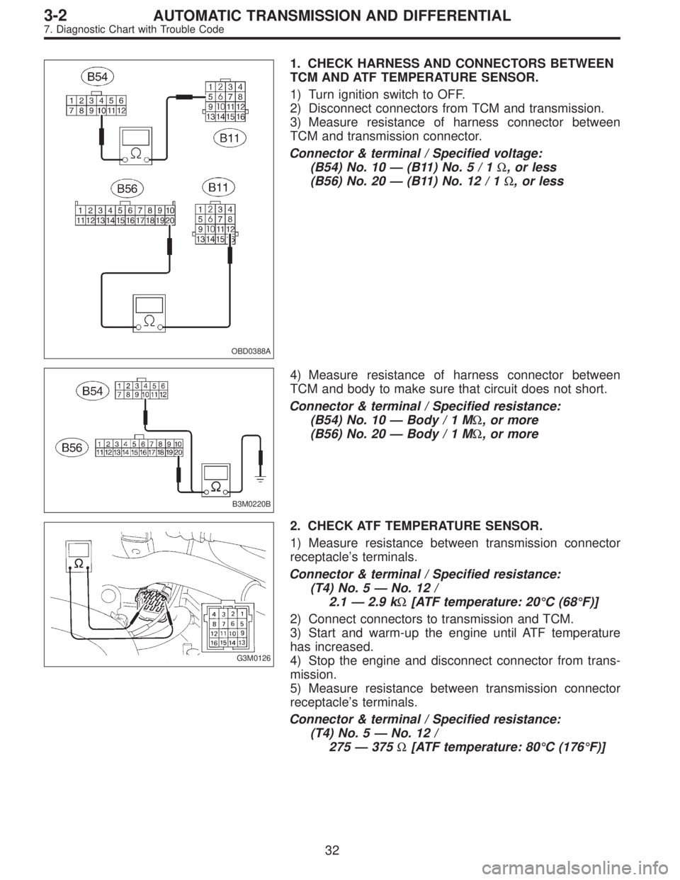SUBARU LEGACY 1995  Service Repair Manual OBD0388A
1. CHECK HARNESS AND CONNECTORS BETWEEN
TCM AND ATF TEMPERATURE SENSOR.
1) Turn ignition switch to OFF.
2) Disconnect connectors from TCM and transmission.
3) Measure resistance of harness co