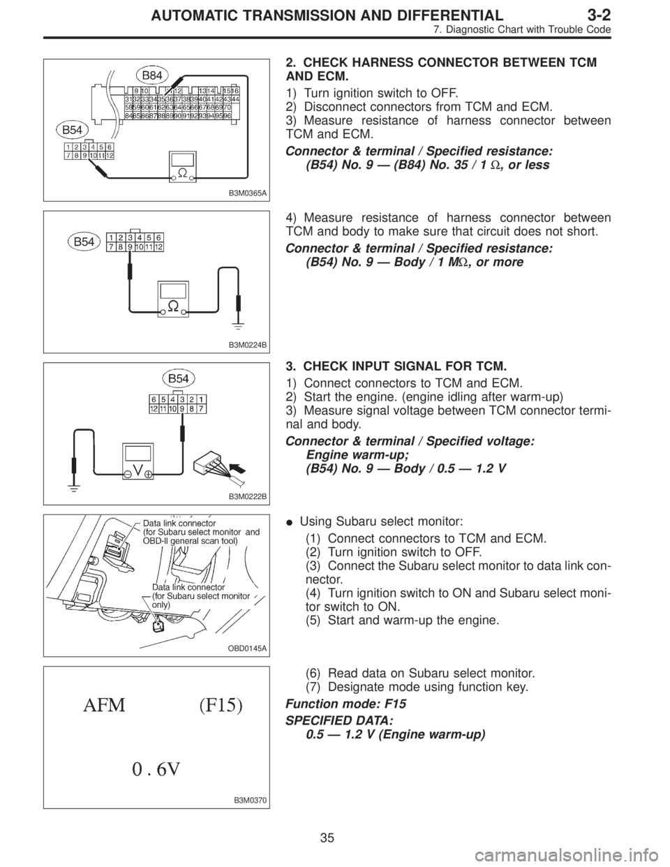 SUBARU LEGACY 1995  Service Repair Manual B3M0365A
2. CHECK HARNESS CONNECTOR BETWEEN TCM
AND ECM.
1) Turn ignition switch to OFF.
2) Disconnect connectors from TCM and ECM.
3) Measure resistance of harness connector between
TCM and ECM.
Conn