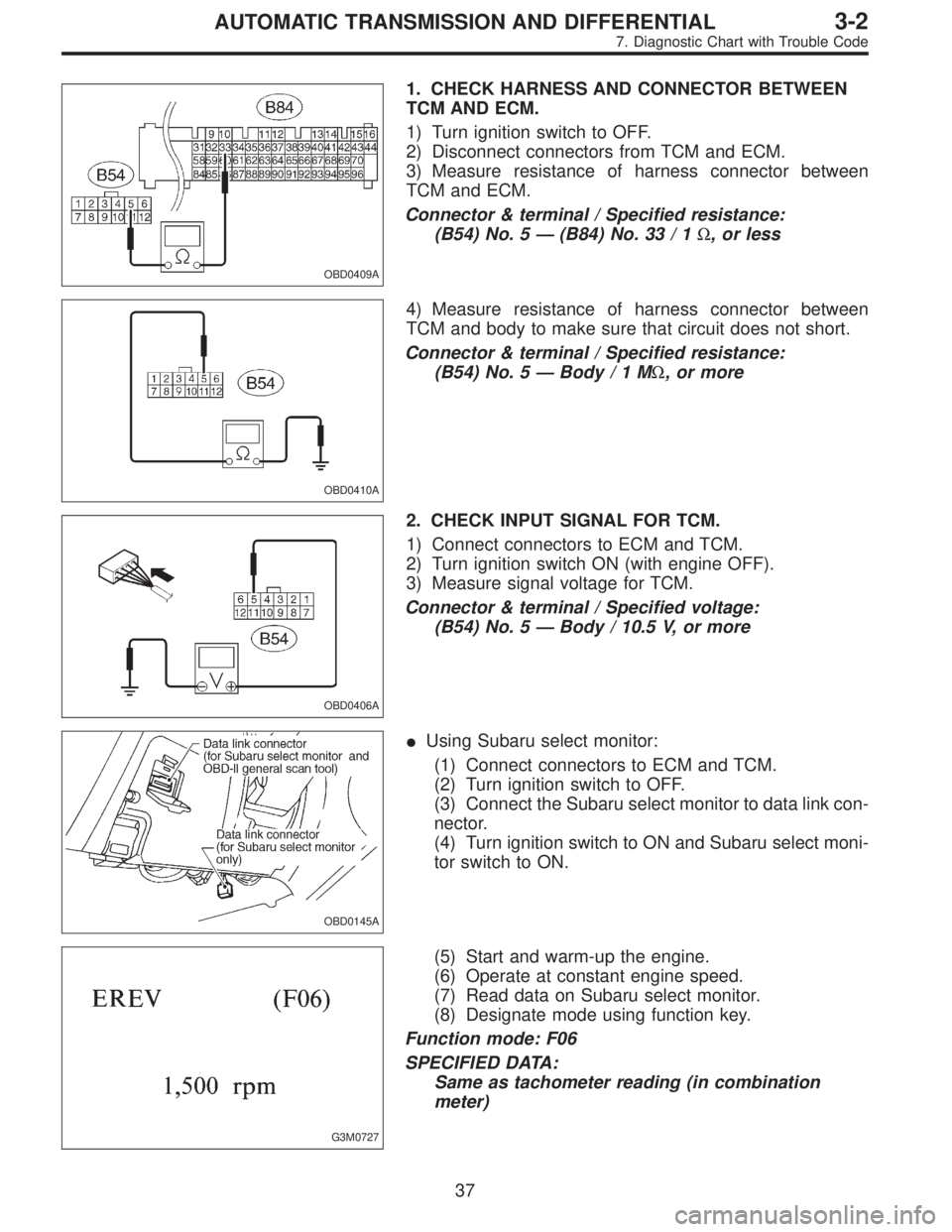 SUBARU LEGACY 1995  Service Repair Manual OBD0409A
1. CHECK HARNESS AND CONNECTOR BETWEEN
TCM AND ECM.
1) Turn ignition switch to OFF.
2) Disconnect connectors from TCM and ECM.
3) Measure resistance of harness connector between
TCM and ECM.
