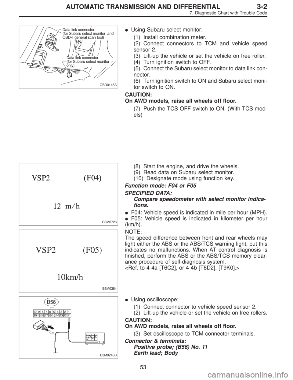 SUBARU LEGACY 1995  Service Repair Manual OBD0145A
Using Subaru select monitor:
(1) Install combination meter.
(2) Connect connectors to TCM and vehicle speed
sensor 2.
(3) Lift-up the vehicle or set the vehicle on free roller.
(4) Turn igni