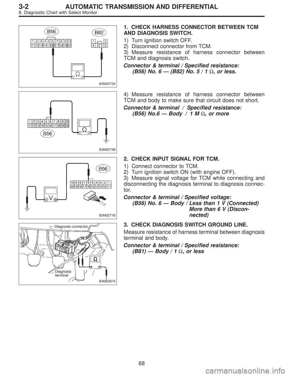 SUBARU LEGACY 1995  Service Repair Manual B3M0373A
1. CHECK HARNESS CONNECTOR BETWEEN TCM
AND DIAGNOSIS SWITCH.
1) Turn ignition switch OFF.
2) Disconnect connector from TCM.
3) Measure resistance of harness connector between
TCM and diagnosi