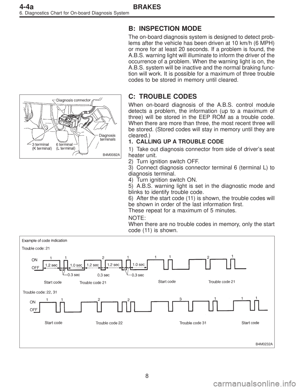 SUBARU LEGACY 1995  Service Repair Manual B: INSPECTION MODE
The on-board diagnosis system is designed to detect prob-
lems after the vehicle has been driven at 10 km/h (6 MPH)
or more for at least 20 seconds. If a problem is found, the
A.B.S