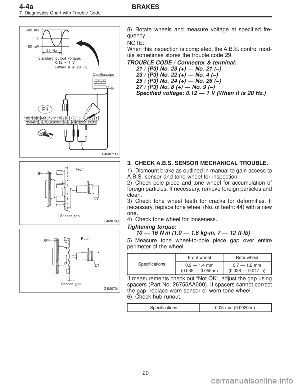 SUBARU LEGACY 1995  Service Repair Manual B4M0711A
8) Rotate wheels and measure voltage at specified fre-
quency.
NOTE:
When this inspection is completed, the A.B.S. control mod-
ule sometimes stores the trouble code 29.
TROUBLE CODE / Connec