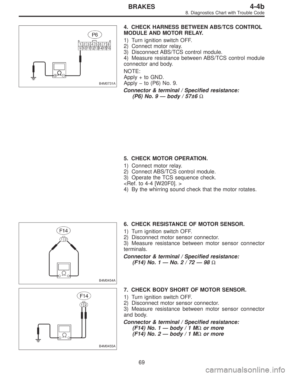 SUBARU LEGACY 1995  Service Repair Manual B4M0731A
4. CHECK HARNESS BETWEEN ABS/TCS CONTROL
MODULE AND MOTOR RELAY.
1) Turn ignition switch OFF.
2) Connect motor relay.
3) Disconnect ABS/TCS control module.
4) Measure resistance between ABS/T