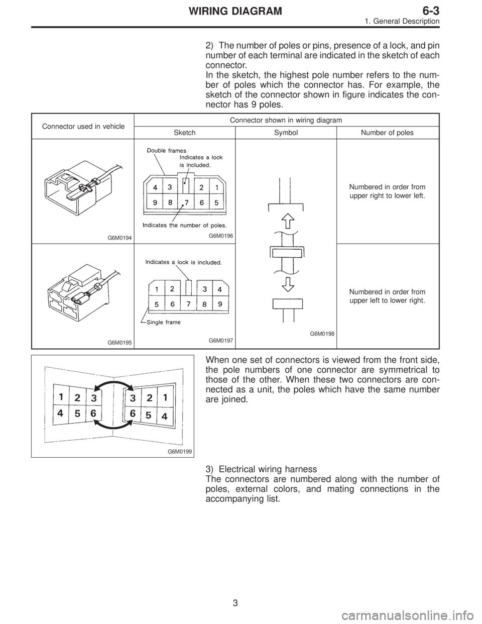 SUBARU LEGACY 1995  Service Repair Manual 2) The number of poles or pins, presence of a lock, and pin
number of each terminal are indicated in the sketch of each
connector.
In the sketch, the highest pole number refers to the num-
ber of pole
