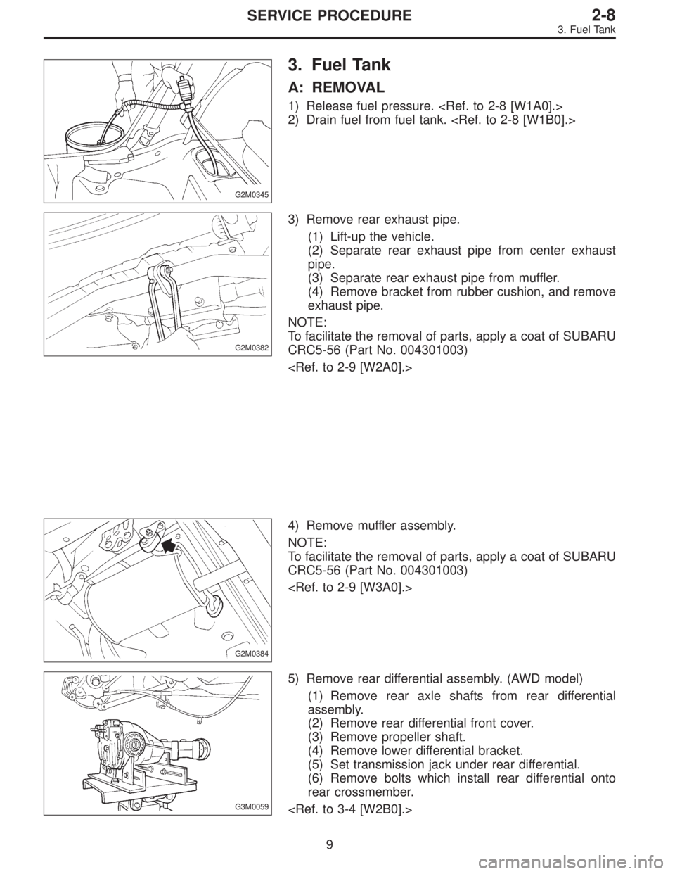 SUBARU LEGACY 1995  Service Repair Manual G2M0345
3. Fuel Tank
A: REMOVAL
1) Release fuel pressure. <Ref. to 2-8 [W1A0].>
2) Drain fuel from fuel tank. <Ref. to 2-8 [W1B0].>
G2M0382
3) Remove rear exhaust pipe.
(1) Lift-up the vehicle.
(2) Se