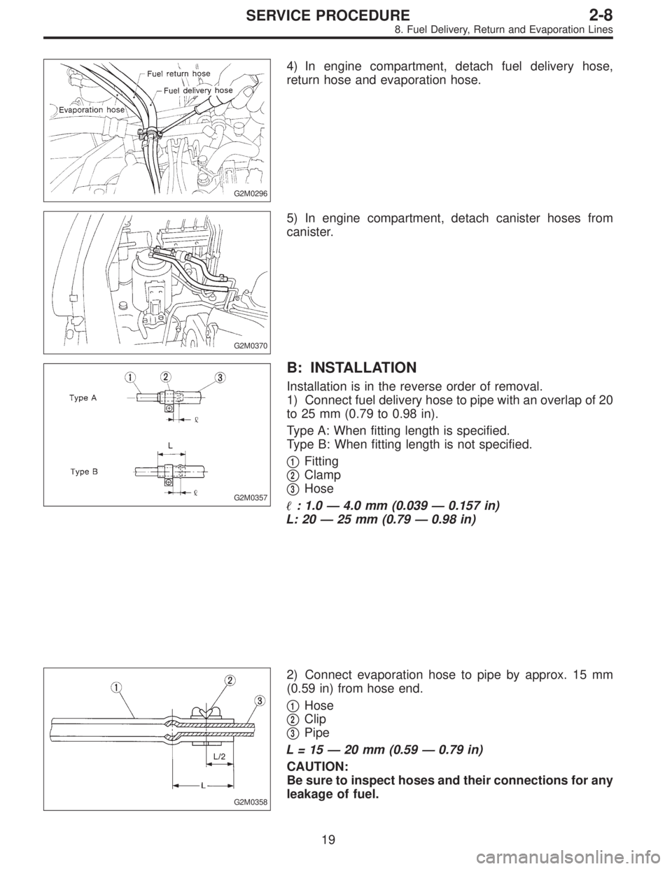 SUBARU LEGACY 1995  Service Repair Manual G2M0296
4) In engine compartment, detach fuel delivery hose,
return hose and evaporation hose.
G2M0370
5) In engine compartment, detach canister hoses from
canister.
G2M0357
B: INSTALLATION
Installati