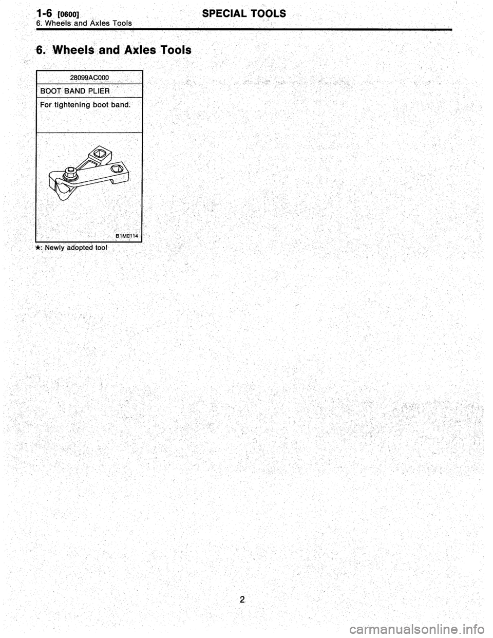 SUBARU LEGACY 1995  Service Repair Manual 
1-6
[osoo]
6
.-
Wheels`
and
AxlesTools

6
.
Wheels
and
Axles
Tools

28099AC000

BOOTBAND
PLIER

For
tightening
boot
band
.

B1
M0114  