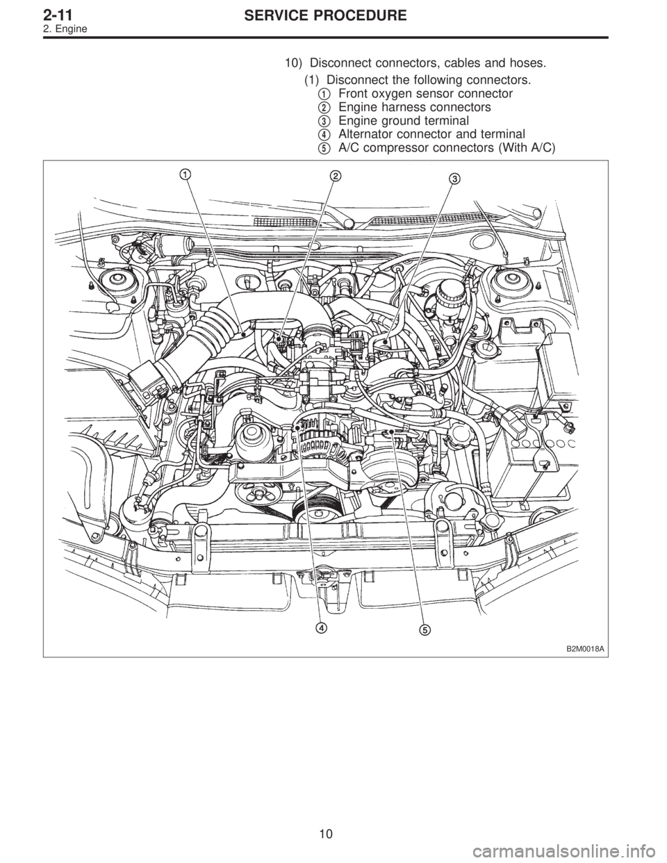 SUBARU LEGACY 1995  Service Repair Manual 10) Disconnect connectors, cables and hoses.
(1) Disconnect the following connectors.

1Front oxygen sensor connector

2Engine harness connectors

3Engine ground terminal

4Alternator connector an