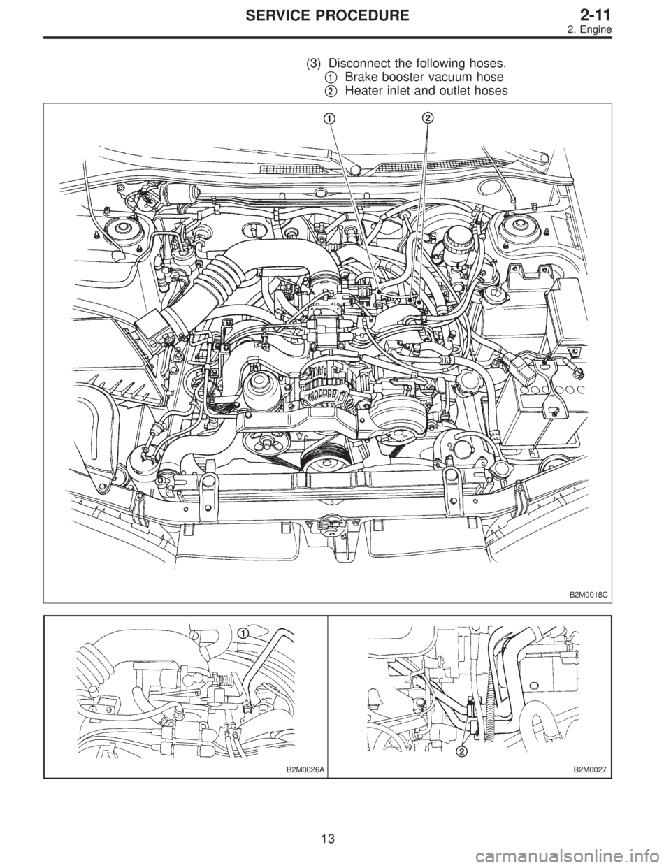 SUBARU LEGACY 1995  Service Repair Manual (3) Disconnect the following hoses.

1Brake booster vacuum hose

2Heater inlet and outlet hoses
B2M0018C
B2M0026AB2M0027
13
2-11SERVICE PROCEDURE
2. Engine  