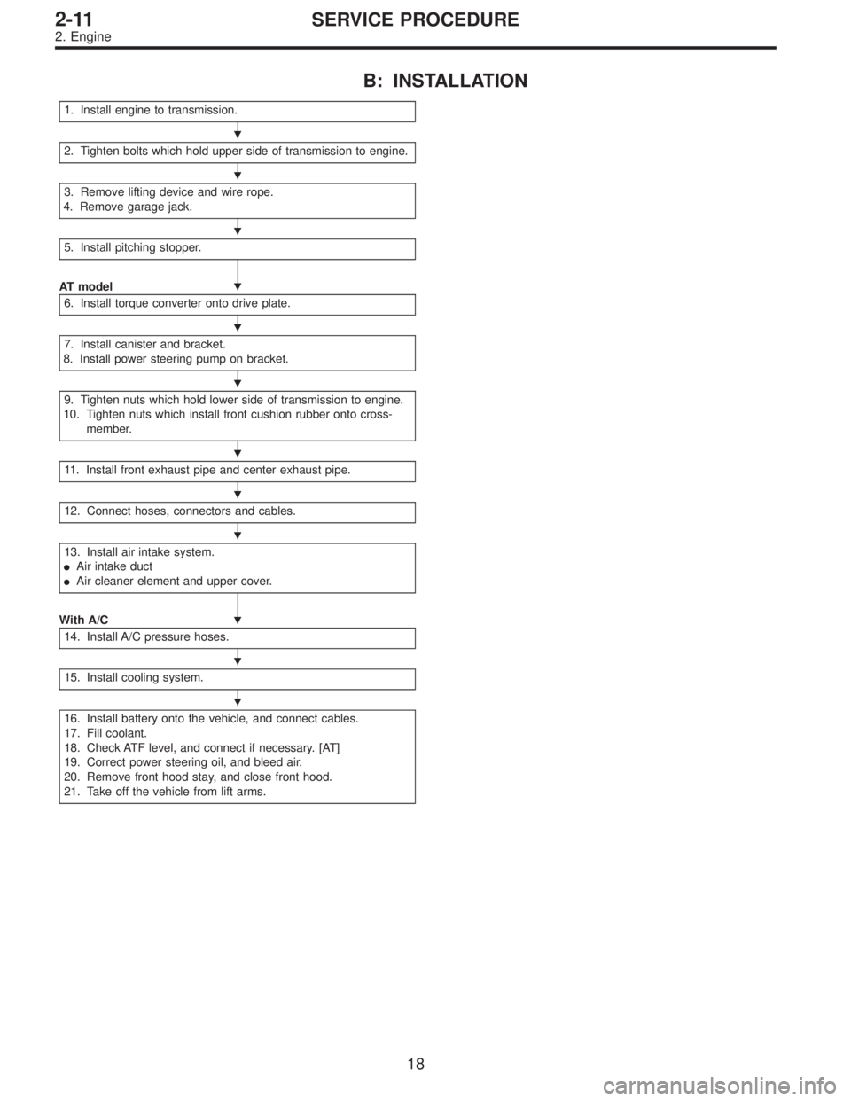 SUBARU LEGACY 1995  Service Repair Manual B: INSTALLATION
1. Install engine to transmission.
2. Tighten bolts which hold upper side of transmission to engine.
3. Remove lifting device and wire rope.
4. Remove garage jack.
5. Install pitching 