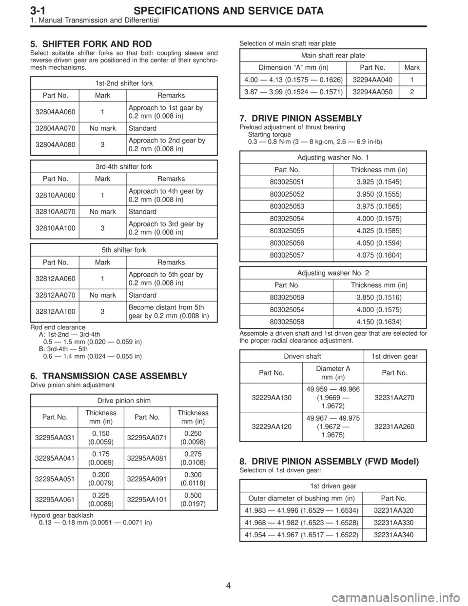 SUBARU LEGACY 1995  Service Repair Manual 5. SHIFTER FORK AND ROD
Select suitable shifter forks so that both coupling sleeve and
reverse driven gear are positioned in the center of their synchro-
mesh mechanisms.
1st-2nd shifter fork
Part No.