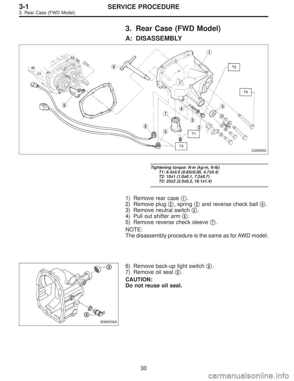 SUBARU LEGACY 1995  Service Repair Manual 3. Rear Case (FWD Model)
A: DISASSEMBLY
G3M0952
Tightening torque: N⋅m (kg-m, ft-lb)
T1: 6.4±0.5 (0.65±0.05, 4.7±0.4)
T2: 10±1 (1.0±0.1, 7.2±0.7)
T3: 25±2 (2.5±0.2, 18.1±1.4)
1) Remove rear