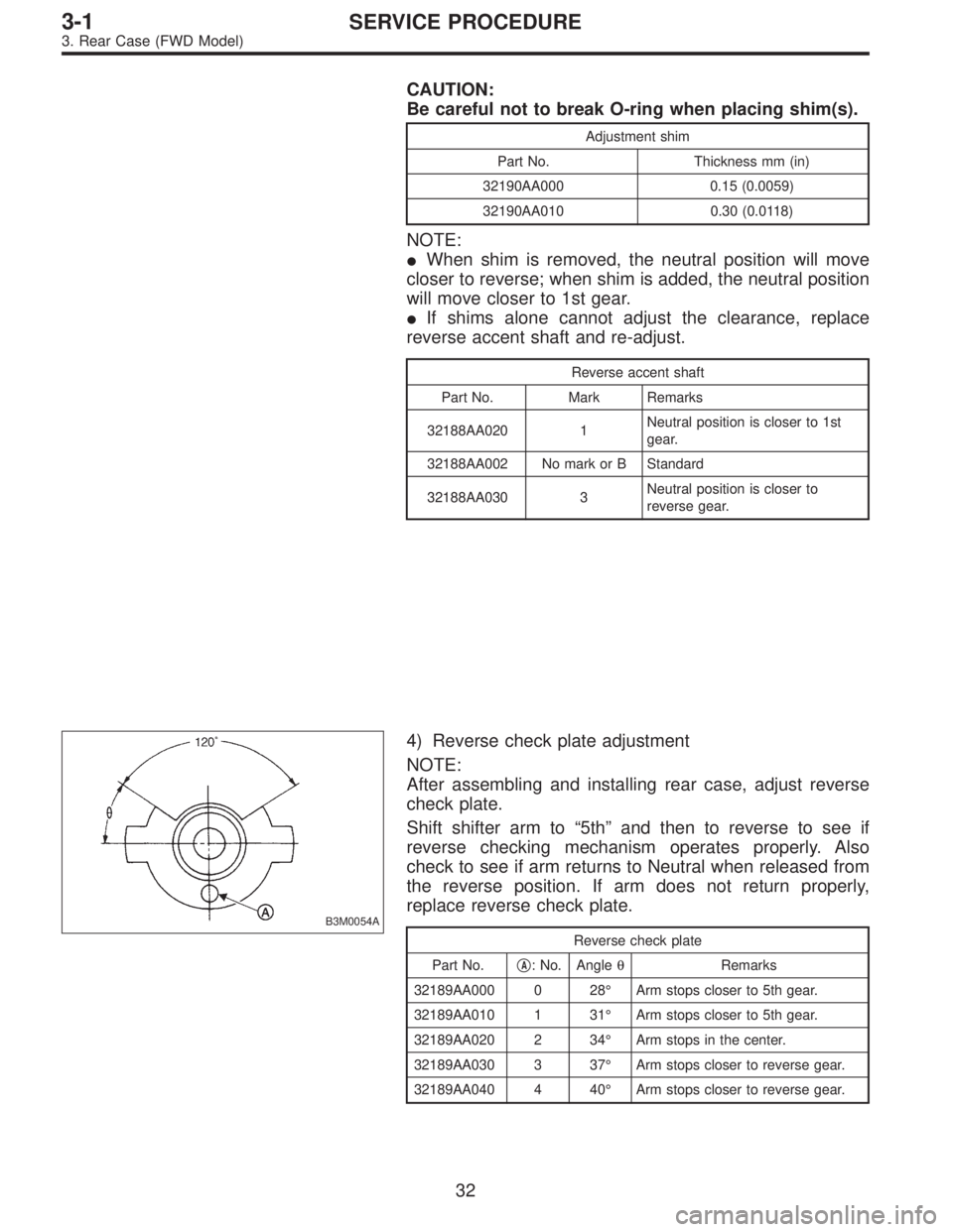 SUBARU LEGACY 1995  Service Repair Manual CAUTION:
Be careful not to break O-ring when placing shim(s).
Adjustment shim
Part No. Thickness mm (in)
32190AA000 0.15 (0.0059)
32190AA010 0.30 (0.0118)
NOTE:
When shim is removed, the neutral posi
