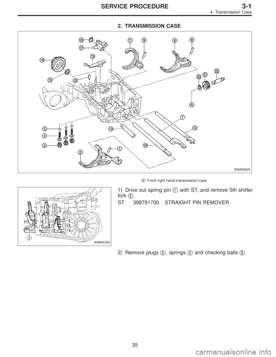 SUBARU LEGACY 1995  Service Repair Manual 2. TRANSMISSION CASE
B3M0060A
A: Front right hand transmission case
B3M0333A
1) Drive out spring pin1with ST, and remove 5th shifter
fork
2.
ST 398791700 STRAIGHT PIN REMOVER
2) Remove plugs
3, sp