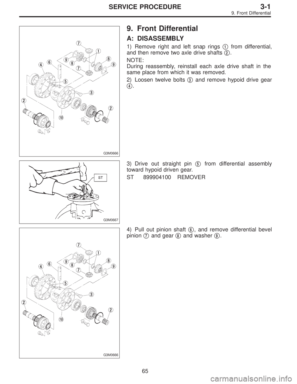 SUBARU LEGACY 1995  Service Repair Manual G3M0666
9. Front Differential
A: DISASSEMBLY
1) Remove right and left snap rings1from differential,
and then remove two axle drive shafts
2.
NOTE:
During reassembly, reinstall each axle drive shaft 